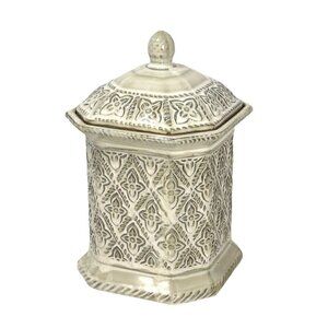 Vintage Ceramic Canister Cookie Jar Cream Kitchen Decor Floral Relief Octagonal